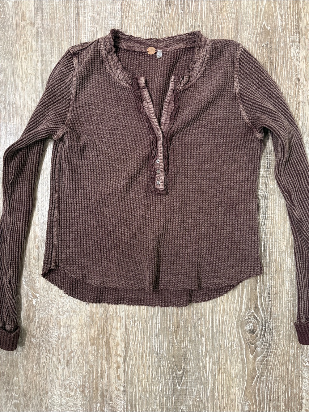 Free People Brown Waffle Knit Henley Long Sleeve Top